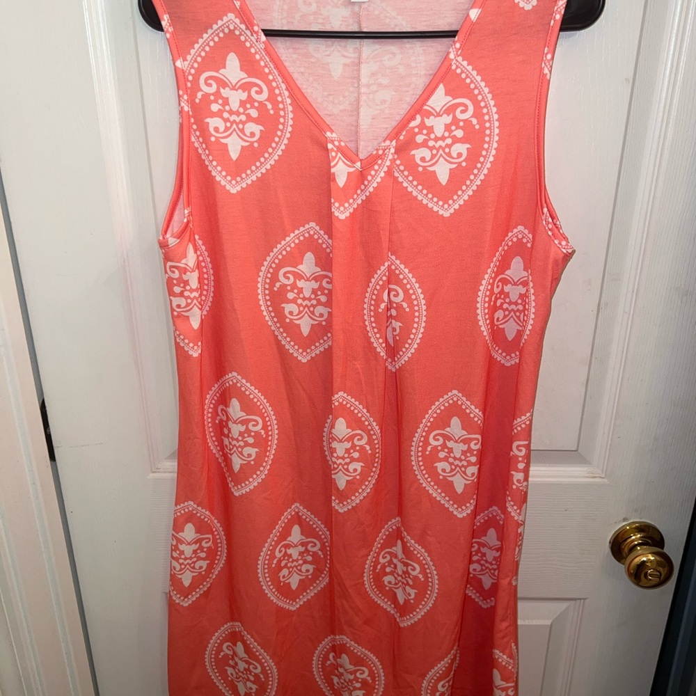 Coral Sleeveless Dress with White Pattern